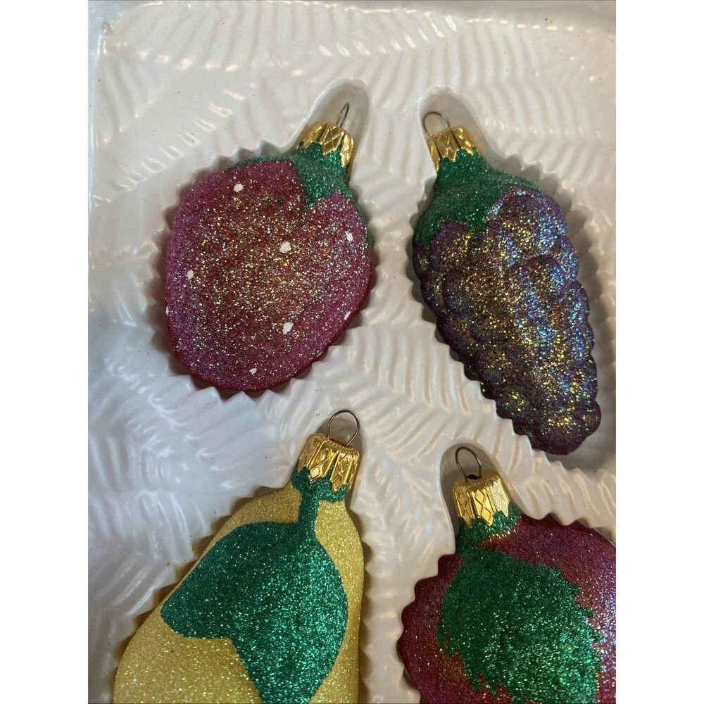4 Vintage Christmas Glass Fruit Ornament Glittered 2002 Target Pear Apple Large